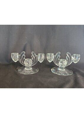 VTG Set Heisey Crystolite 3-Light Glass Candlestick Holders Branch Antler Design
